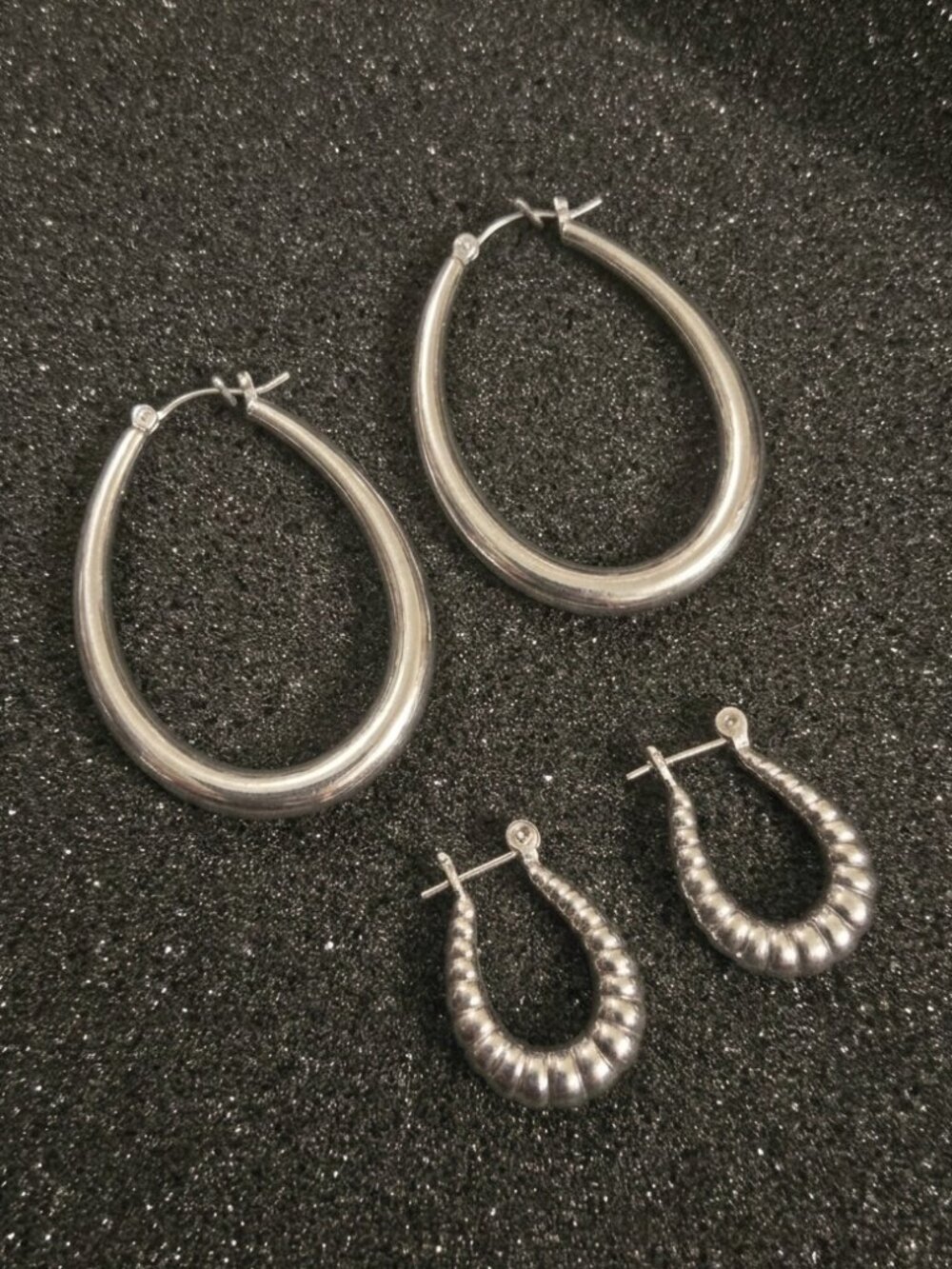 VTG Sterling Silver Hoop Earring Set 2 Pairs Large Smooth Small Ribbed Shrimp